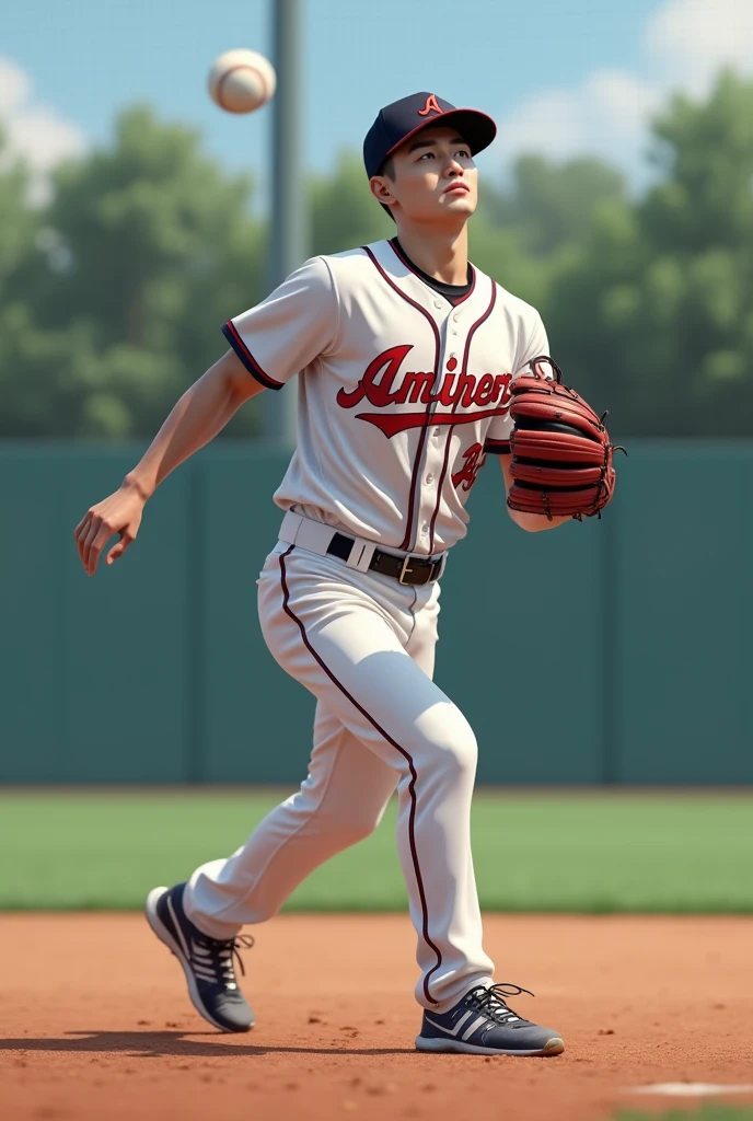 A young, handsome Korean baseball player in his 20s catches a ball during training.