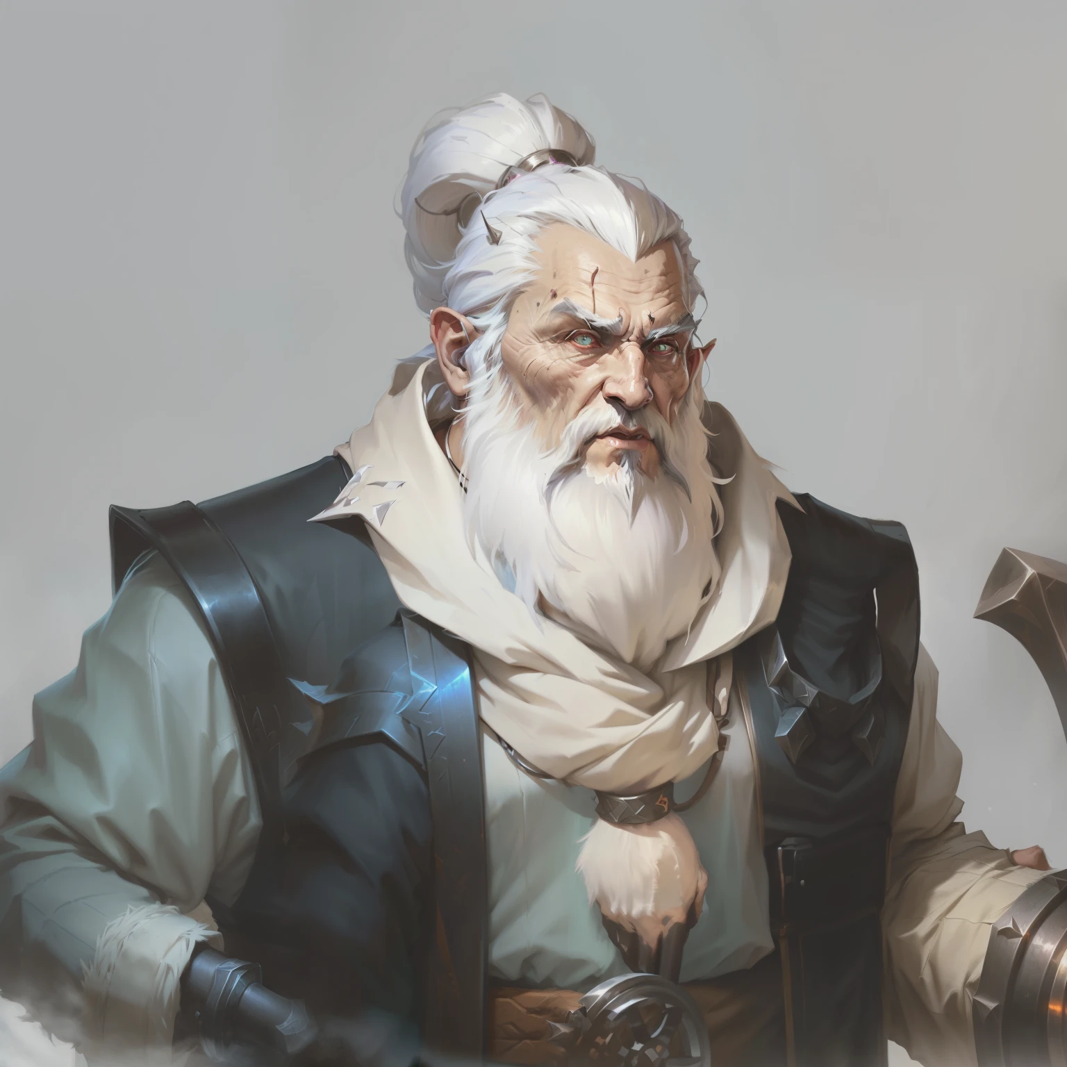 White-bearded old man，Pestle on crutches，Commoner，Metal belt，rubber band，Metal rings，Game Avatar, Character portrait concept art, Character Art Close-up, Demonic Sorceress，League of Legends avatar，Diablo concept art