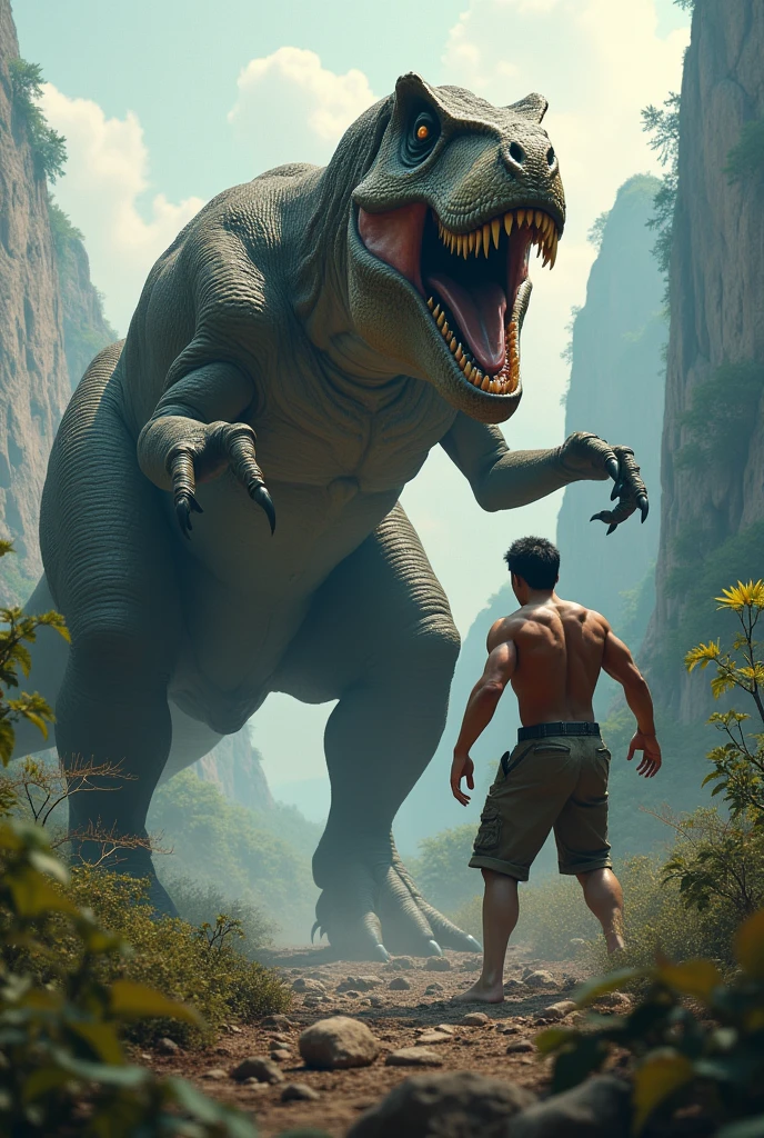 Giant human fighting with a Trex and a Giant human is winning