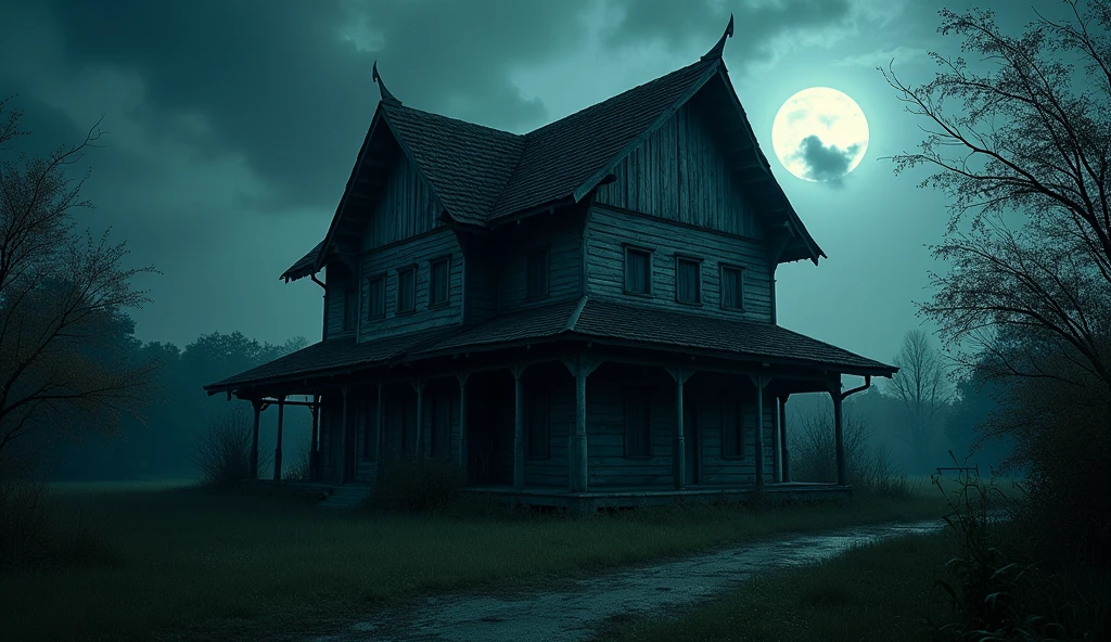 (Masterpiece:1.2,Highest quality,Ultra high resolution,very detailed,realistic,Ultra high resolution,8ก,Wallpaper,(ภาพถ่ายhorror),(The picture shows details of an old Thai-style two-storey wooden house.),Scary,nighttime,Thailand,Quiet and scary,horror,The most realistic