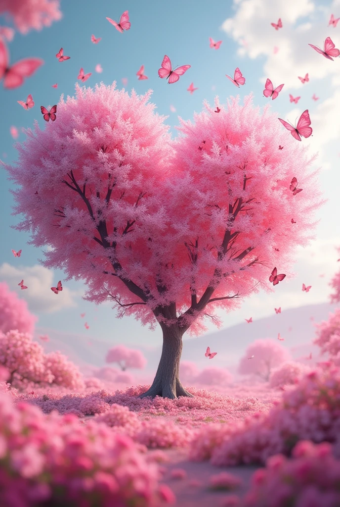butterflies flying around a pink heart shaped tree with pink flowers, 🌺 cgsociety, beautiful composition 3 - d 4 k, beautiful digital art, beautiful digital artwork, beautiful gorgeous digital art, harmony of butterfly, very beautiful digital art, beautiful iphone wallpaper, flowers and butterflies, beautiful art uhd 4 k, 8k high quality detailed art, gorgeous digital art