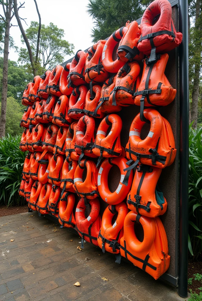 mosaic of life jackets sent to refugees in the botanical garden of curitiba 