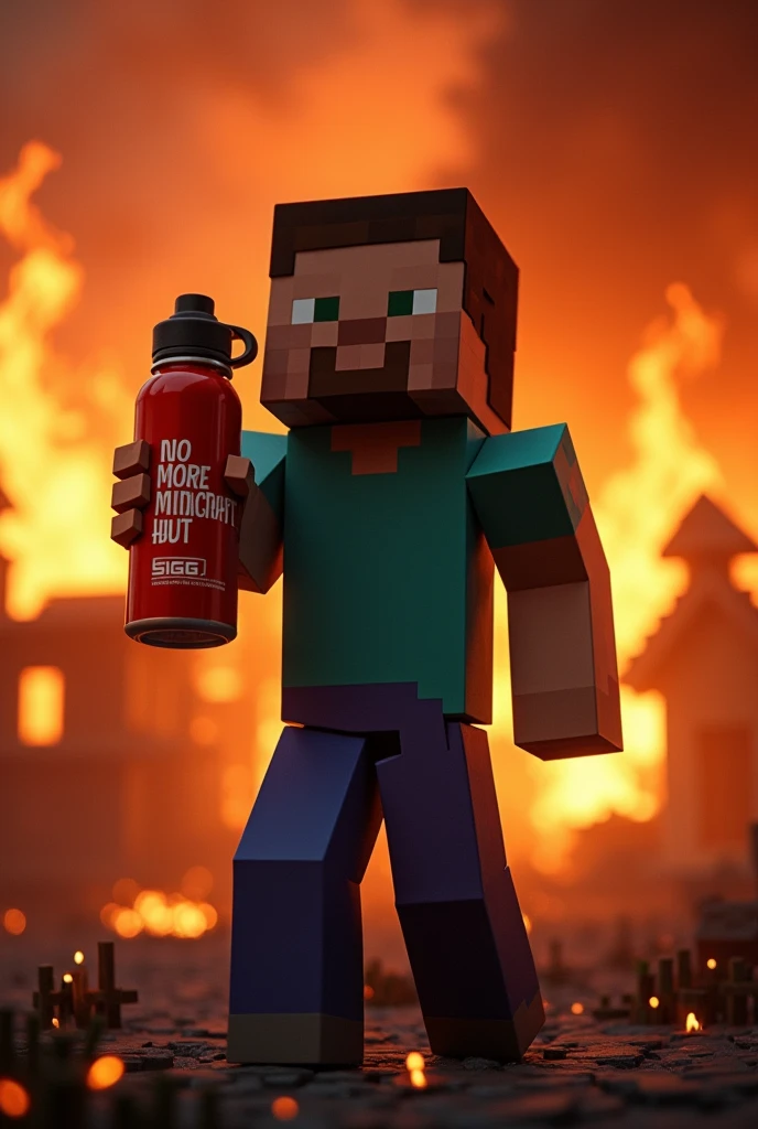 Minecraft steve holding a sigg with the text No more minecraft but videos in a fiery background with burning village houses