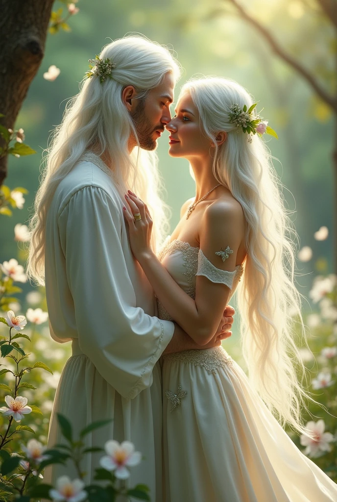 Imagine a beautiful white witch standing in a tranquil forest glade, her expression soft and tender as she gazes at someone with whom she has fallen in love. Her long, silver-white hair flows gracefully down her back, catching the light of the setting sun and glowing softly. Her bright emerald green eyes are warm and filled with affection, a gentle smile playing on her lips.
She is dressed in a simple, flowing white dress that accentuates her natural beauty, adorned with delicate silver patterns of leaves and flowers that symbolize her connection to nature. A light breeze gently lifts the hem of her dress and her hair, adding a touch of magic to the scene.
In her hands, she holds a single, freshly picked flower, nervously playing with its petals as she stands close to her beloved. Around them, the forest seems to bloom with life, flowers opening and butterflies fluttering nearby, as if responding to her emotions. The soft glow of her magic radiates from her, creating a warm, inviting aura that envelops them both.
Her gaze is filled with a mix of excitement and vulnerability, capturing the feeling of falling in love for the first time. The air is filled with the sweet scent of blossoms, and a soft, golden light filters through the trees, illuminating the scene with a gentle, romantic glow.
