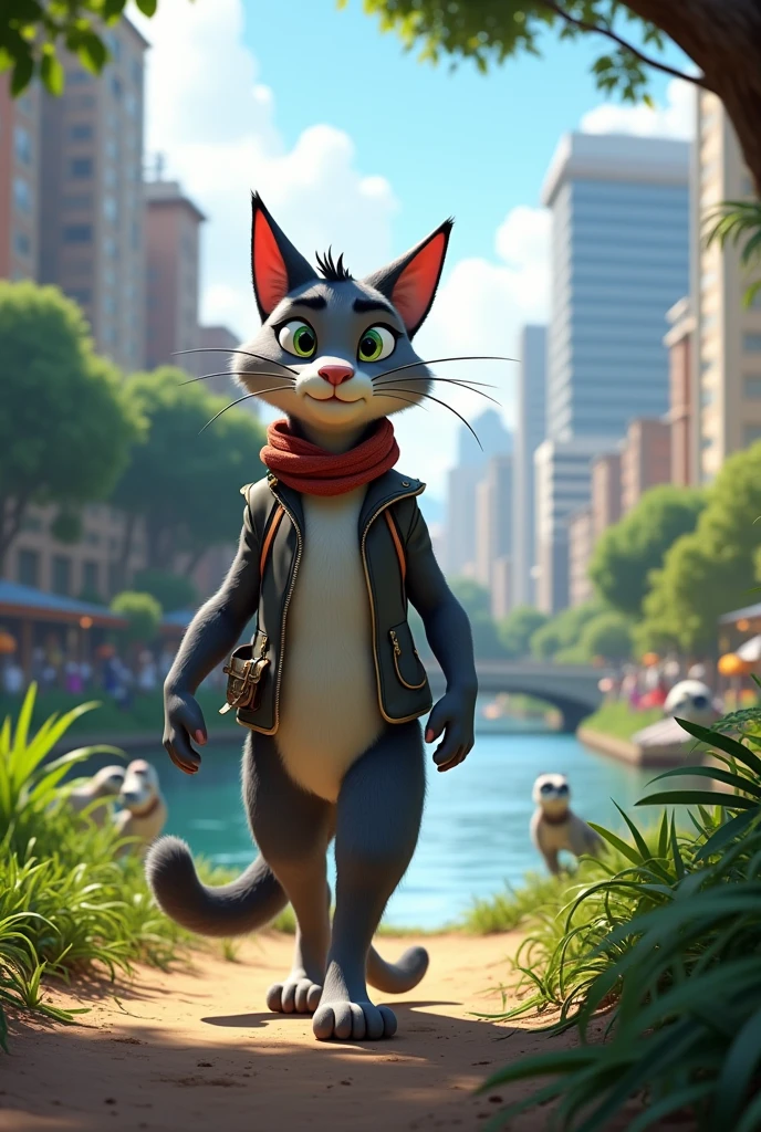 Create a Zootopia-style image of a cat with the same colors as Sylvester the cat walking near the Capibaribe River