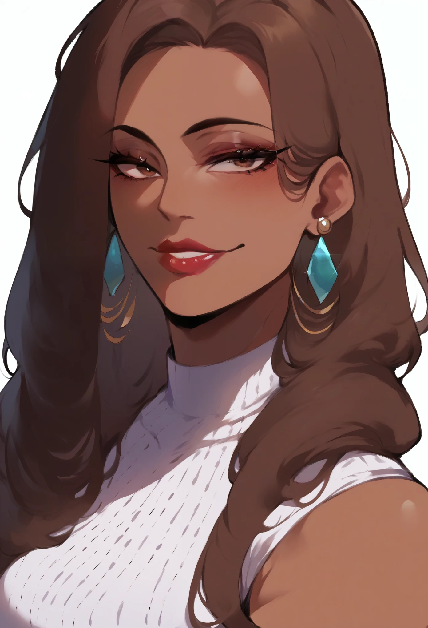 (Score_9, score_8_up, score_7_up, score_6_up), (adult, seductive face, seductive expression), close up face, portrait, Adult woman, (brown skin), long brown hair, brown eyes, crop top, lipstick, earrings, anime style, mature, full lips, confident, Nyantcha Style, source_anime, rating_explicit 