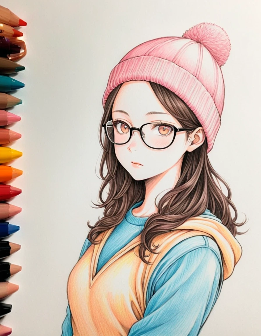 1 female, 30-year-old, alone, thin, slender, small breasts!!!, Loose curly hair, Bedhead, Forehead, thin, slender, (((Knit cap, glasses))), hoodie, Skinny skirt, Are standing, art, Colored pencil drawing, draft, White background, portrait