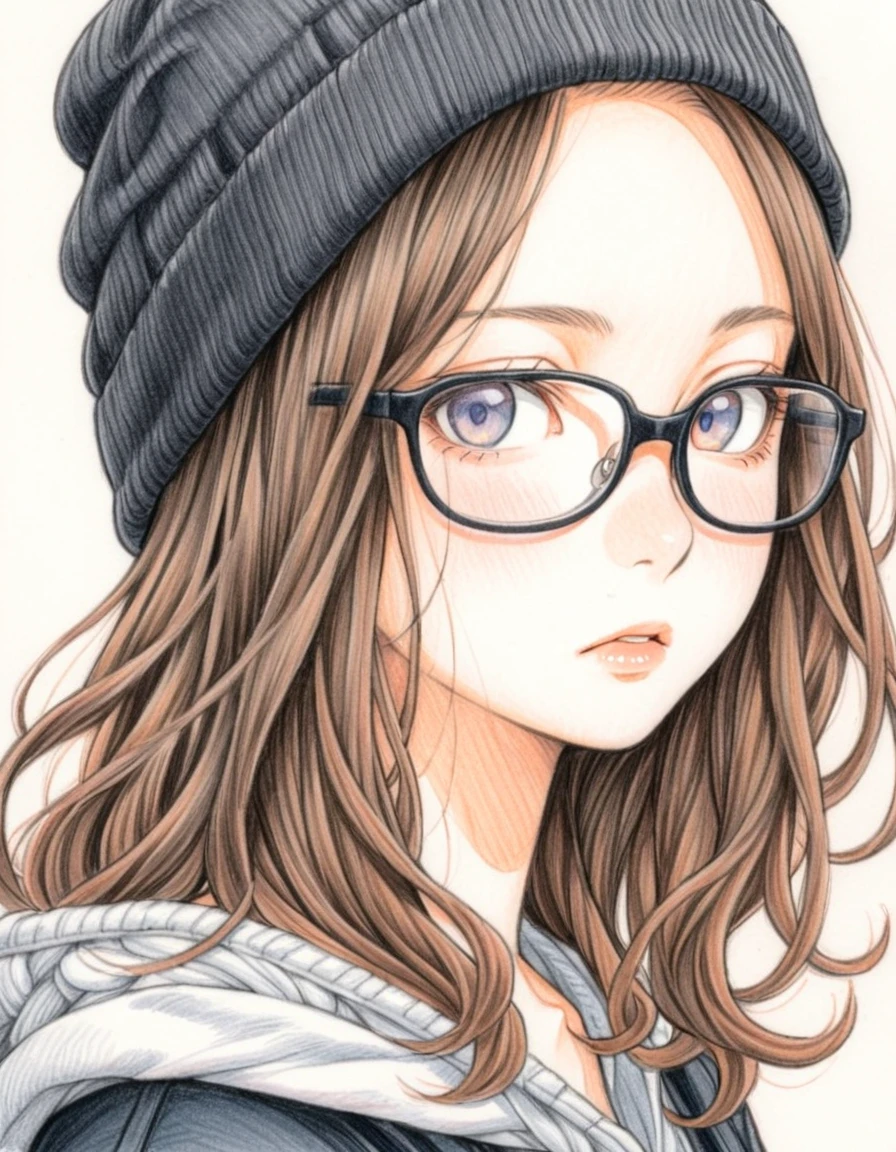 1 female, 30-year-old, alone, thin, slender, small breasts!!!, Loose curly hair, Bedhead, Forehead, thin, slender, (((Knit cap, glasses))), hoodie, Skinny skirt, Are standing, art, Colored pencil drawing, draft, White background, portrait