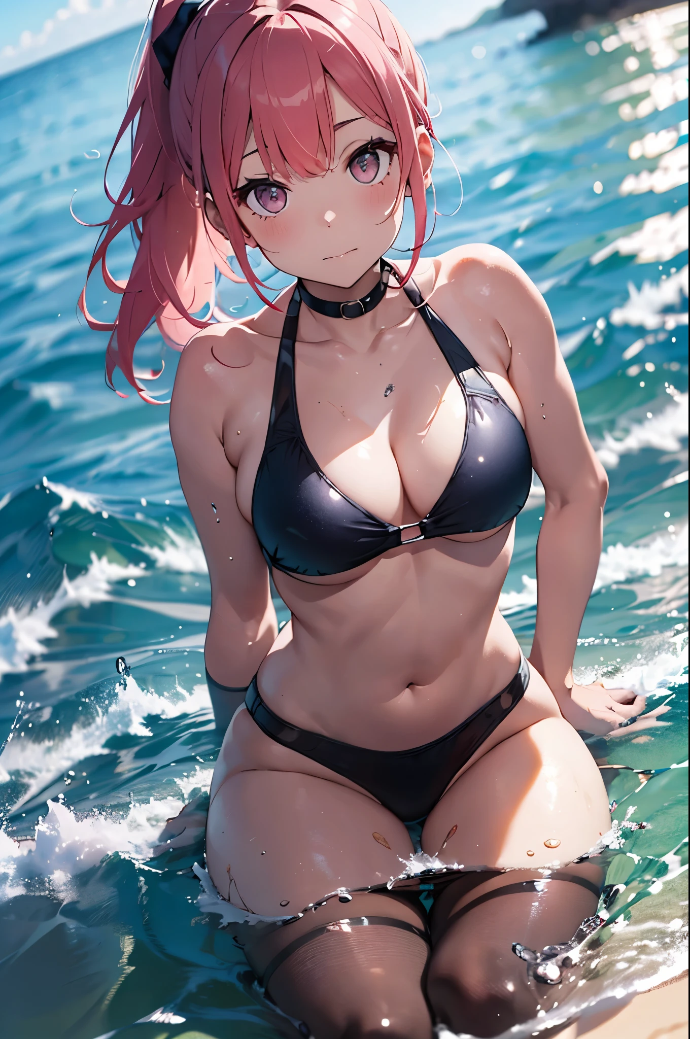 4K,8k,High resolution,Pink Swimsuit、
Quite a young woman,Pink Hair、ponytail、Pink Swimsuit、
(Soft Saturation:1.3), (Fair skin:1.2),
(ultra-Detailed Background, Detailed Background), Bokeh,
break&#39;Smiling portrait.,
When viewed from the front, The composition is symmetrical,
Looking straight at you with serious eyes,
break Swimwear, Pink Bikini, Center of chest, 
Outdoor, Sea surface, null, sunlight,Summer beach, Sandy Beach,
Strong light, Front lighting, 
(Teen:1.3), (Cowboy Shot:1.2),
Front brake angle,
View your viewers,
Dynamic pose,
sitting on the beach
Wakame seaweed、Wakame seaweed、
Seaweed、Seaweed、Seaweed、Seaweed、Seaweed、Seaweed、Seaweed、