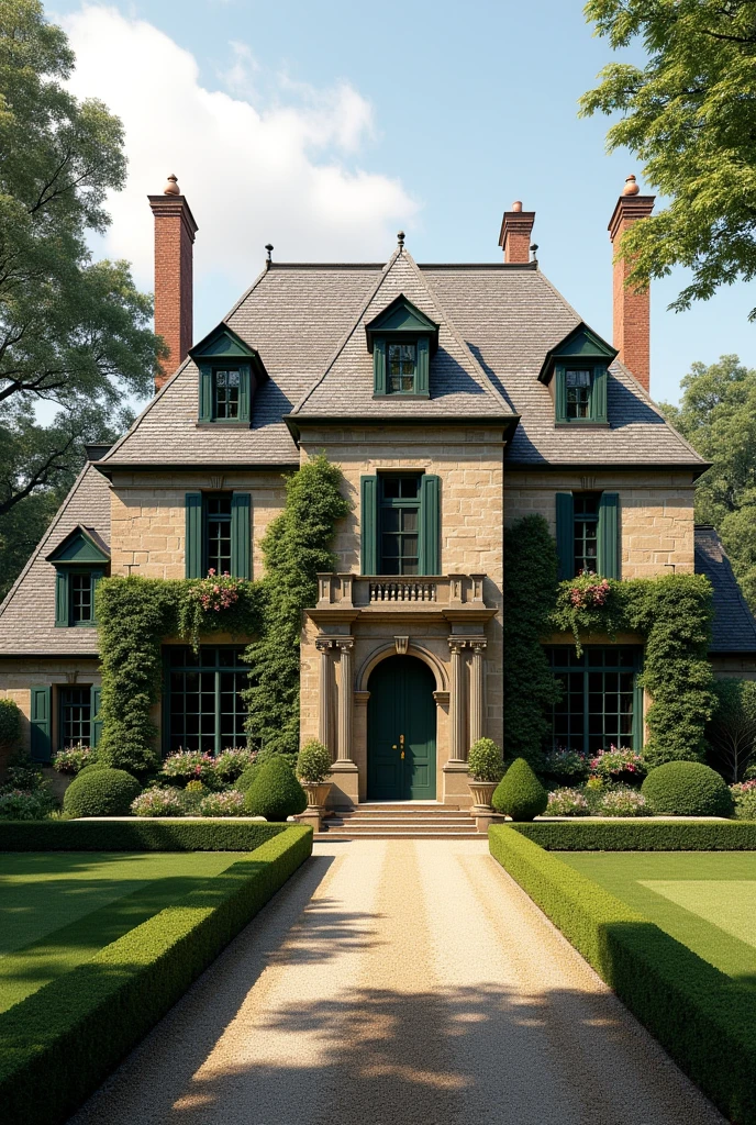 (photorealism:1.2), facade: The exterior would be crafted from aged limestone or weathered brick, evoking the timelessness of an estate that's been in the family for generations. The design would feature symmetrical wings flanking the central entrance, with ivy climbing strategically over parts of the facade, adding a sense of maturity and permanence. Windows: Tall, sash windows with delicate mullions and wooden shutters painted in a deep, classic green would frame the exterior. Wrought iron window boxes filled with seasonal flowers would add a touch of charm and tradition. Roof: The roof would be a steeply pitched slate with subtle variations in color, showing the patina of age. Dormer windows would peek out from the roof, perhaps with copper accents that have developed a verdigris over time. Entrance: A grand yet understated front door in dark, polished wood would be framed by an antique brass knocker and flanked by lantern-style sconces. The pathway leading to the entrance would be lined with meticulously trimmed topiaries and gravel that crunches underfoot, evoking an air of classic sophistication. Setting: The manor would be nestled within a lush, private estate with ancient oak trees, formal gardens, and perhaps a small reflecting pool. A long gravel driveway, edged with manicured hedges, would curve gently to the front entrance, where a carriage house sits nearby. Make it Wayne Manor style.