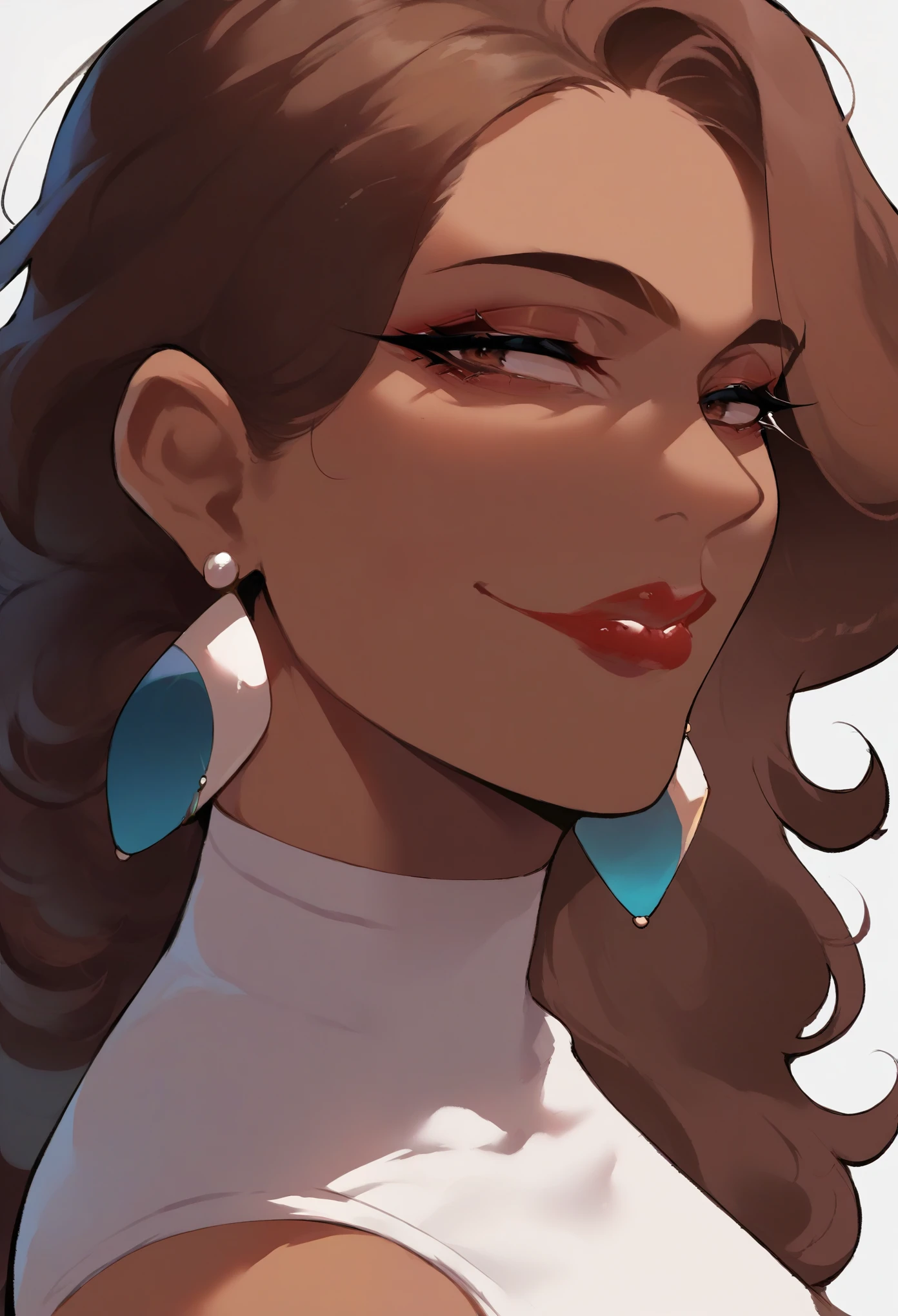 (Score_9, score_8_up, score_7_up, score_6_up), (adult, seductive face, seductive expression), close up face, portrait, Adult woman, (brown skin), long brown hair, brown eyes, crop top, lipstick, earrings, anime style, mature, full lips, confident, Nyantcha Style, source_anime, rating_explicit