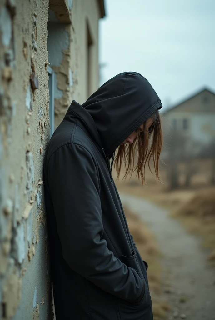 A person with low self-esteem leans against the wall，The desolate and dilapidated scene around me，Head down，Can&#39;t see the face，Telephoto