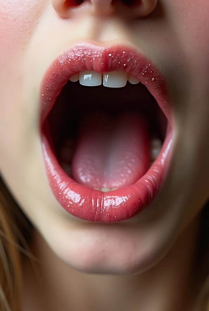 Extreme closeup of female prepubescent mouth, glittery lipgloss, mouth very wide open