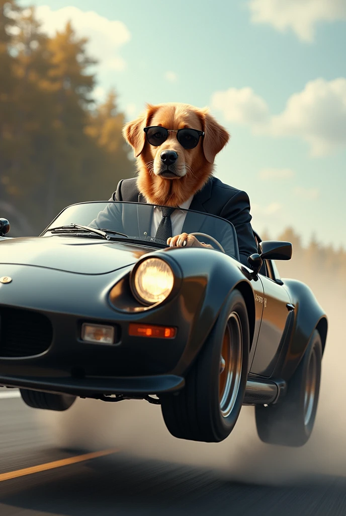 Golden Retriever、Driving a sports car、Realistic fur、Realistic、raw、Photorealistic、Super detailed、high resolution、high quality、High resolution、Drifting、sunglasses、A car is jumping over a jump ramp、Take the wheel、business suit、