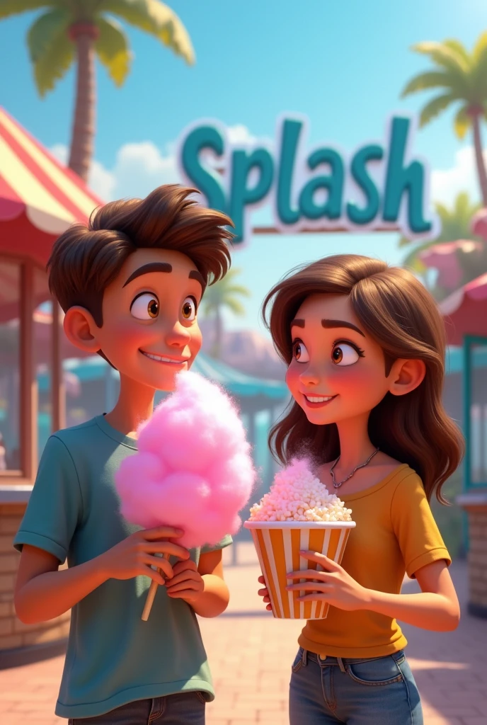 Pixar teenage boy eating cotton candy and teenage girl with popcorn in hand, in an amusement park, with a full sign behind that says SPLASH 