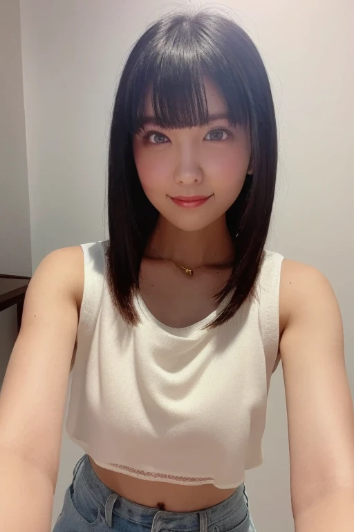 1girl, beautiful woman knit tank top ピンクと白のボーダーラインのPanties, skinny, perfect body, defined abs, gold hair, standing in a white wall photography studio, ultra-detailed face, beautiful eyes, beautiful lips, double eyelids, shy smile, trimmed bangs, sun-kissed skin, hint of pubic hair, (best quality, 8k, masterpiece:1.3), frontal and full-body shot, pussy line, front facing, open legs