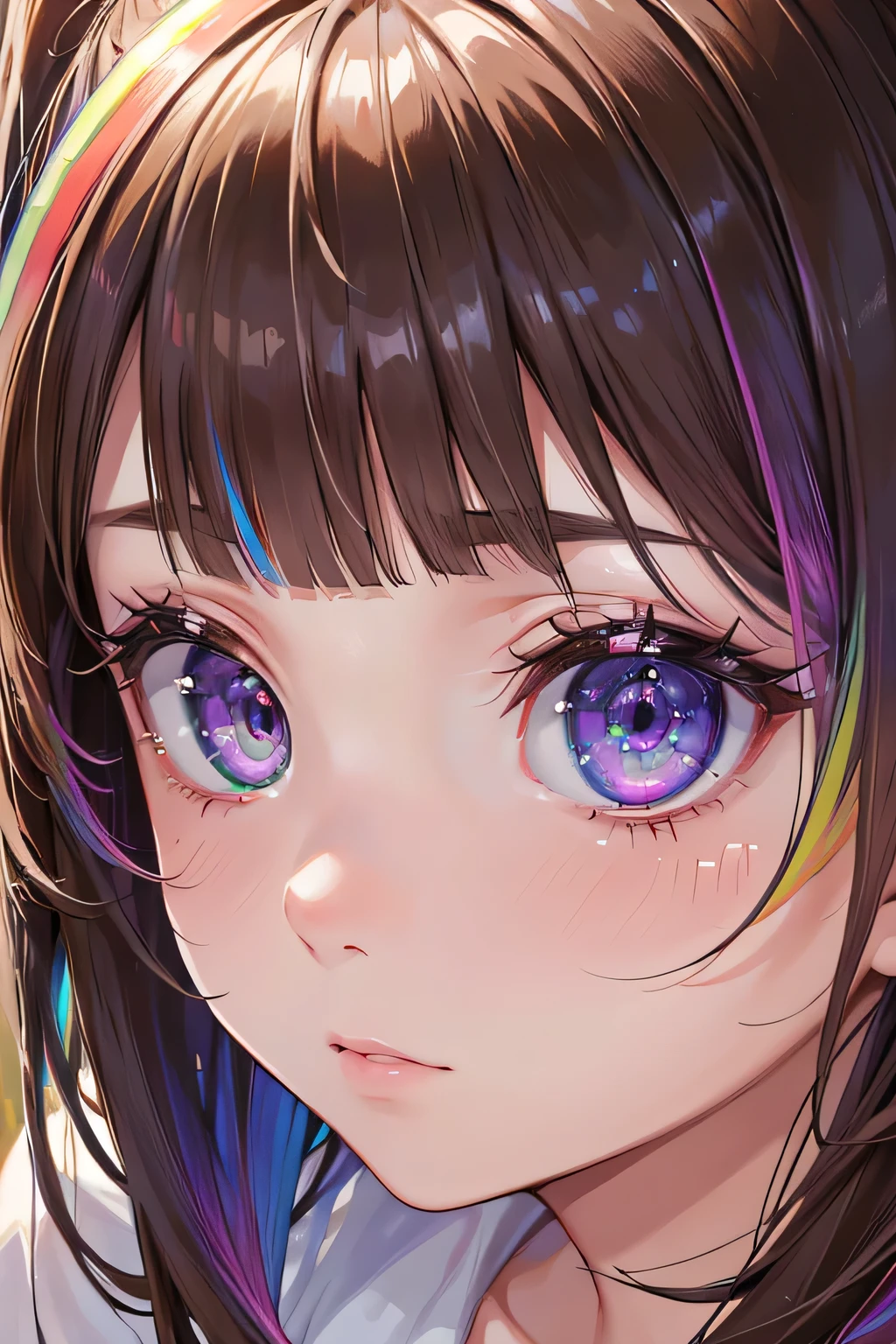 master piece,best quality,ultra-detailed,1girl,extreme close up eyes,ultra detailed eyes,(rainbow eyes:1.5),blunt bangs,brown hair