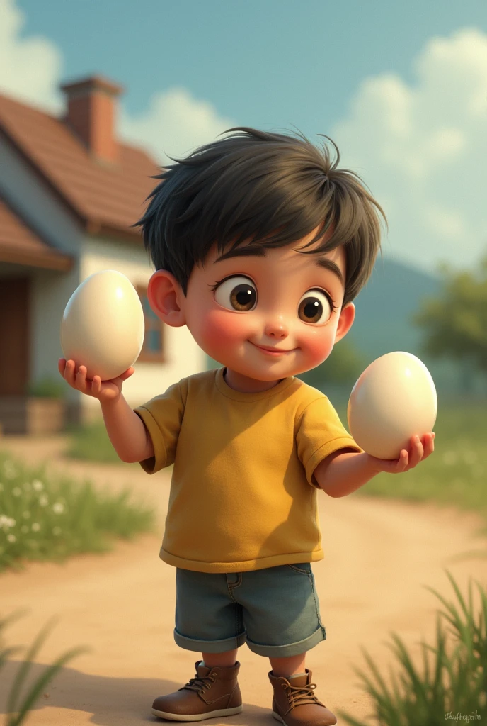 একটা ছেলে ডিম হাতে দাঁড়িয়ে আছে পাশে একটা ঘর