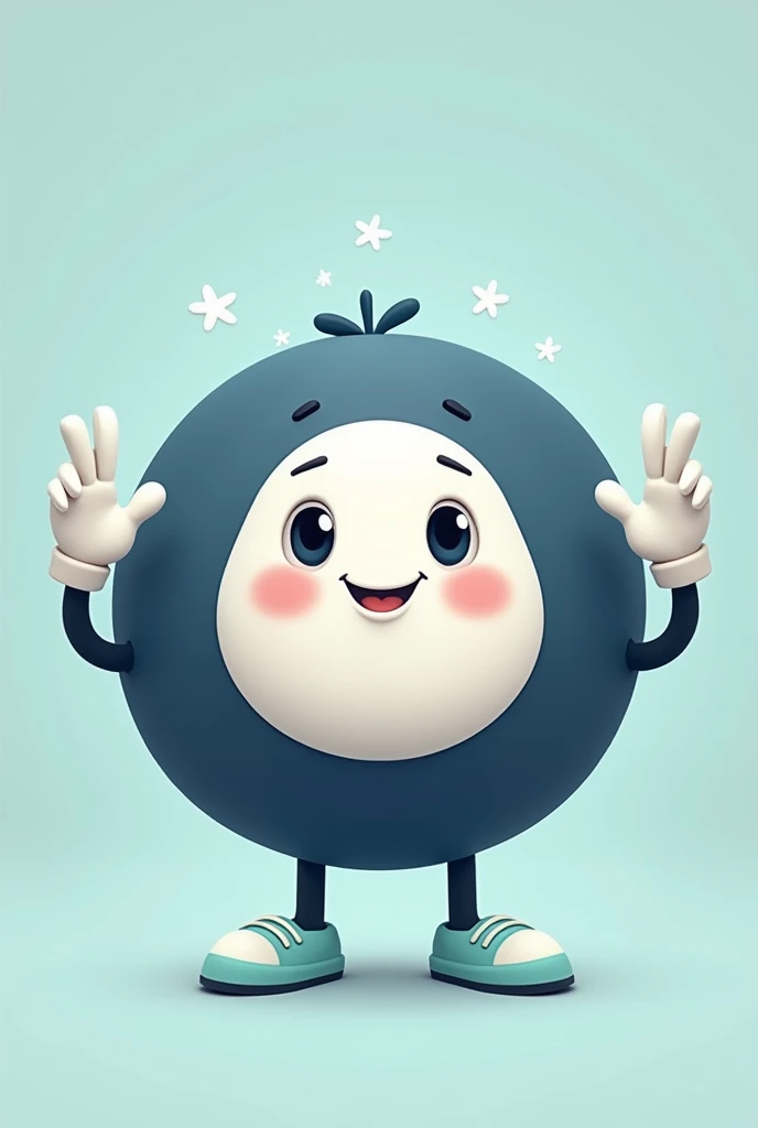 "Create a character, in cartoon style, with the following characteristics: a predominantly dark blue circular body. The character has a white face centered in the circle, with large, round, expressive eyes that convey a desire to help others. The character has a neutral expression. He has thin black arms with white gloves and black legs wearing light turquoise shoes.. The character must be in a help position, with hands outstretched as if to reach out to someone as a sign of help and support. The general climate should be neutral and supportive., as if the character was ready to help in any situation."