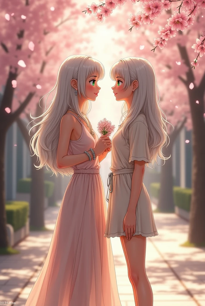 Imagine a beautiful white witch in a modern setting, standing on a quiet street under a canopy of cherry blossom trees, her expression soft and filled with affection as she gazes at someone with whom she has fallen in love. Her long, silver-white hair is styled in loose waves, cascading down her back and catching the soft, pink petals that gently fall around her. Her bright emerald green eyes are warm and sparkling with joy and love.
She is dressed in a stylish, modern outfit—a light, flowy blouse in a soft pastel color, tucked into a high-waisted skirt that falls just below her knees. The skirt is a soft, breezy fabric that moves gently in the breeze, and it features a subtle floral pattern that hints at her connection to nature. On her feet, she wears elegant, strappy sandals that complement her outfit with a hint of shimmer.
Around her neck, she wears a delicate silver necklace with a small pendant shaped like a crescent moon, and her wrists are adorned with a few simple bracelets that jingle softly as she moves. Her look is completed with a light cardigan draped over her shoulders, perfect for the cool spring air.
She holds a small bouquet of freshly picked wildflowers in one hand, her fingers nervously fidgeting with the stems as she stands close to her beloved. Her other hand is gently extended, as if reaching out to touch them, a soft blush coloring her cheeks. The sunlight filters through the blossoms above, casting a warm, dappled light around her, enhancing the magical moment.
The air is filled with the delicate scent of cherry blossoms, and the whole scene is wrapped in a soft, romantic glow, reflecting the blossoming love of the white witch in her modern attire.