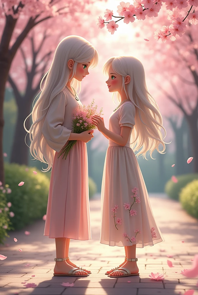 Imagine a beautiful white witch in a modern setting, standing on a quiet street under a canopy of cherry blossom trees, her expression soft and filled with affection as she gazes at someone with whom she has fallen in love. Her long, silver-white hair is styled in loose waves, cascading down her back and catching the soft, pink petals that gently fall around her. Her bright emerald green eyes are warm and sparkling with joy and love.
She is dressed in a stylish, modern outfit—a light, flowy blouse in a soft pastel color, tucked into a high-waisted skirt that falls just below her knees. The skirt is a soft, breezy fabric that moves gently in the breeze, and it features a subtle floral pattern that hints at her connection to nature. On her feet, she wears elegant, strappy sandals that complement her outfit with a hint of shimmer.
Around her neck, she wears a delicate silver necklace with a small pendant shaped like a crescent moon, and her wrists are adorned with a few simple bracelets that jingle softly as she moves. Her look is completed with a light cardigan draped over her shoulders, perfect for the cool spring air.
She holds a small bouquet of freshly picked wildflowers in one hand, her fingers nervously fidgeting with the stems as she stands close to her beloved. Her other hand is gently extended, as if reaching out to touch them, a soft blush coloring her cheeks. The sunlight filters through the blossoms above, casting a warm, dappled light around her, enhancing the magical moment.
The air is filled with the delicate scent of cherry blossoms, and the whole scene is wrapped in a soft, romantic glow, reflecting the blossoming love of the white witch in her modern attire.