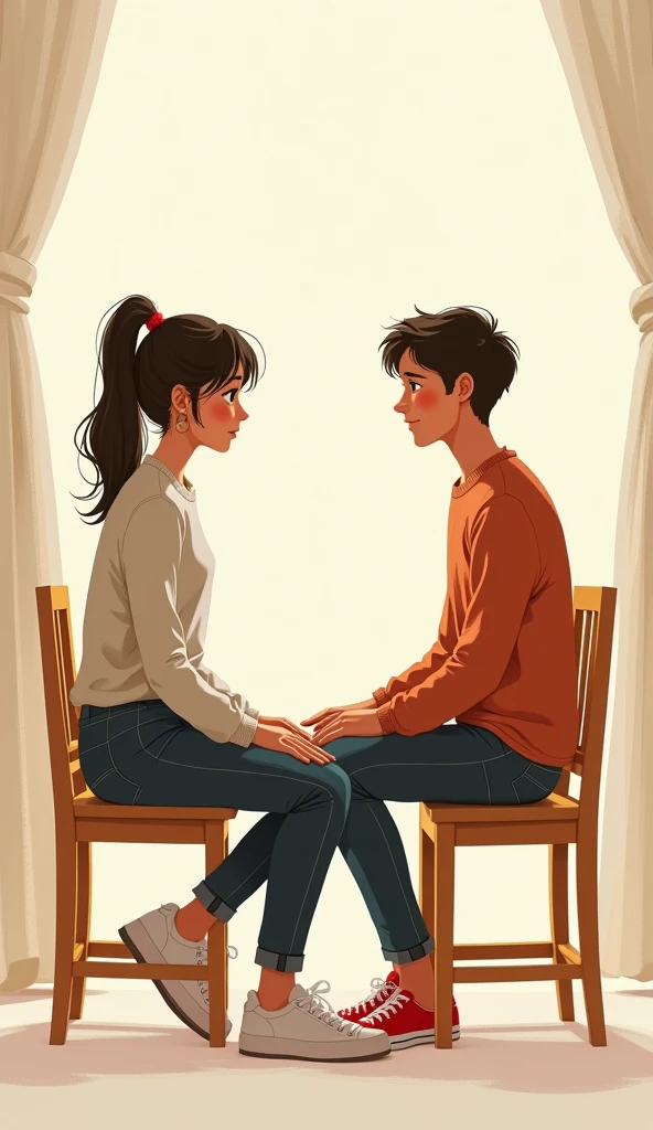 「A scene with two people sitting facing each other。Depicts one person imitating the postures and gestures of the other。The background is simple、The focus is on the interaction between the two。」
