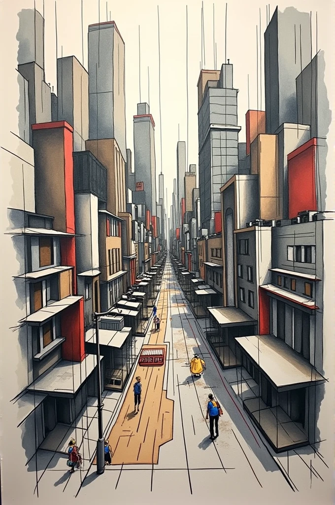 Create a cubist drawing of a cityscape