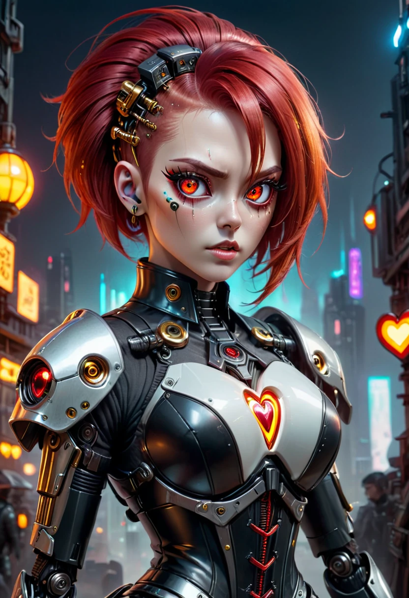 8k, Highest quality,Dark Fantasy,science fiction,cyberpunk,super fine concept art,robot joints,cybernetic organism,energy gun,
energy weapons,1girl,perfect face,hair over one eye,(beautiful detailed Glass hair,red hair,two-tone hair,flipped hair),
gold eyes,(heart-shaped pupils,glowing eyes,eyelashes),Black Leather Gloves,Red corset,黒いplatform shoes,one eye bandage,horse-drawn carriage,(carriage)
electric bolts,(Electric Lightning),futuristic city(Future City),colorful lighting,