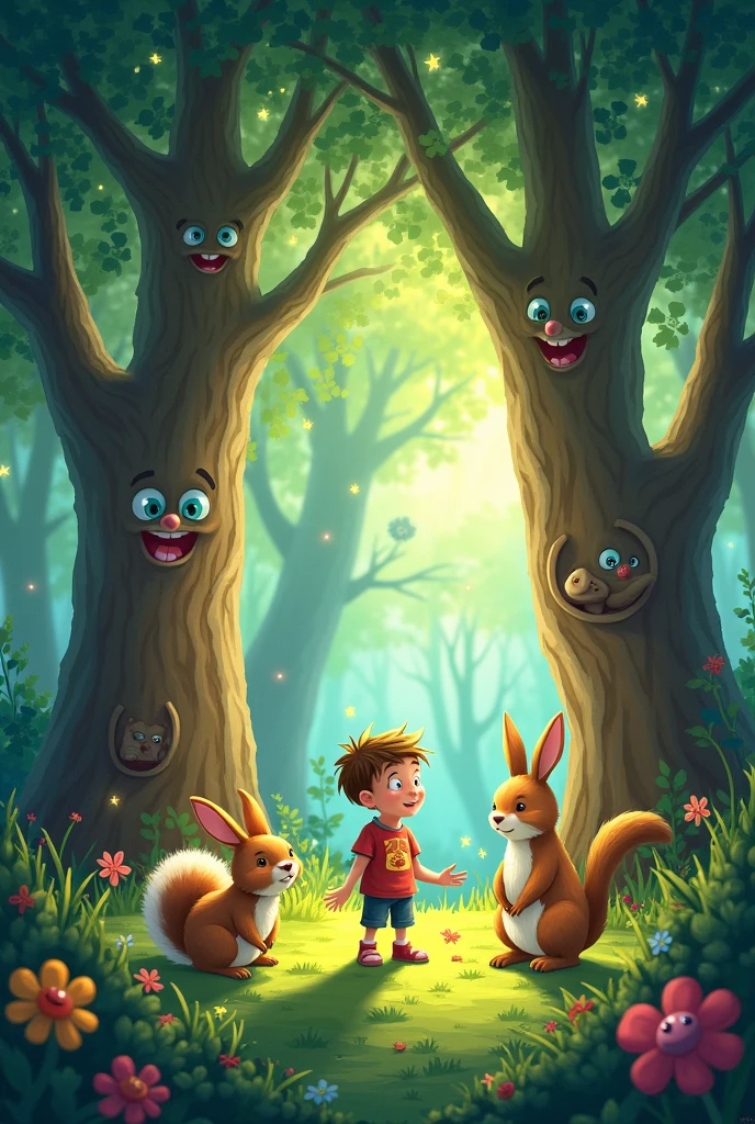 Depict a vibrant scene inside the forest where animals like rabbits, squirrels, and birds are interacting with Max. The trees have faces and are smiling warmly at Max, with magical sparkles floating around.*