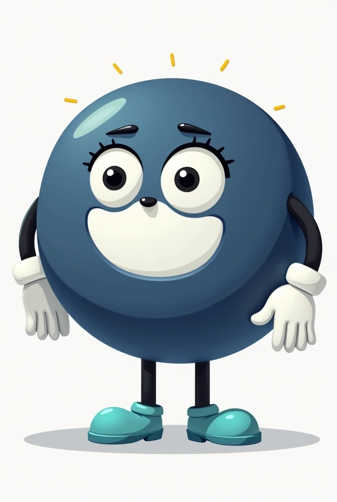 "Create a character, in cartoon style, with the following characteristics: a predominantly dark blue circular body. The character has a white face centered in the circle, with large, round, expressive eyes that convey a desire to help others. The character has a neutral expression. He has thin black arms with white gloves and black legs wearing light turquoise shoes.. The character must be in a help position, with hands outstretched as if to reach out to someone as a sign of help and support. The general climate should be neutral and supportive., as if the character was ready to help in any situation."