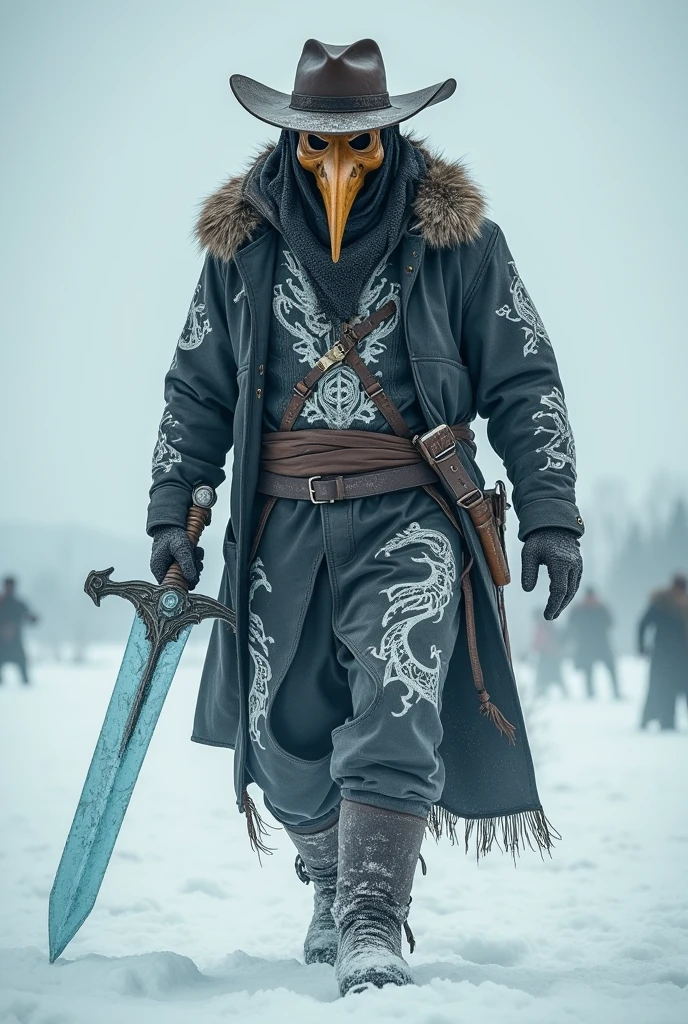 Hunter in an Arctic desert, with a long sword made of ice (an ice sword). He wears a bronze colored plague mask. (those masks with a huge beak) and details of white dragons on his outfit (sobretudo escuro, half sepia), besides a cowboy hat (not very wide).
