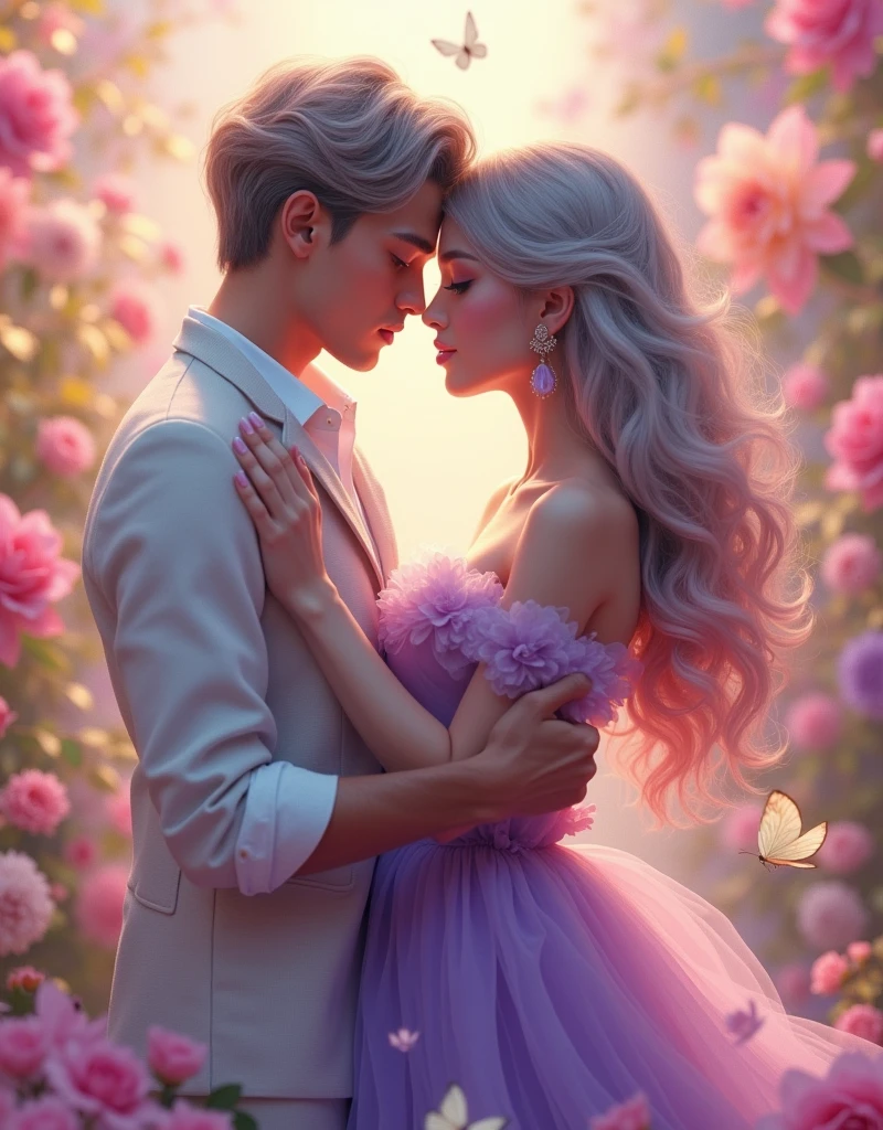 detail, Realism, 4K, , facial detailing, large green eyes, Plump lips, Upturned nose, Gray hair on pink hair, Wearing a Purple dress, flower 🌸 in his hands,, The girl is Dancing with her Boyfriend, ((happy)), Flowers in the background, White butterfly in the foreground, Realistic shooting, depth of fields, Soft front light, Glow, nffsw (PastelColors: 1.2), Canon RF 100mm f2.8L 宏 IS USM