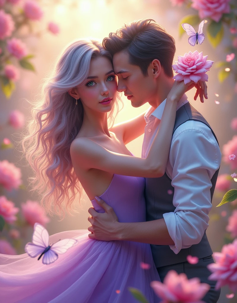 detail, Realism, 4K, , facial detailing, large green eyes, Plump lips, Upturned nose, Gray hair on pink hair, Wearing a Purple dress, flower 🌸 in his hands,, The girl is Dancing with her Boyfriend, ((happy)), Flowers in the background, White erfly in the foreground, Realistic shooting, depth of fields, Soft front light, Glow, nffsw (PastelColors: 1.2), Canon RF 100mm f2.8L 宏 IS USM