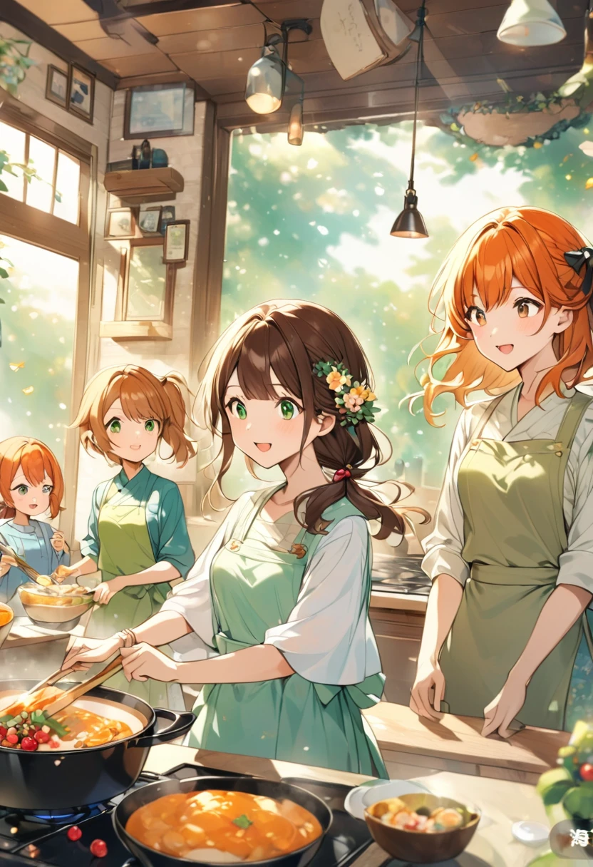 Misty_pokemon ( Berry Short,Orange Hair, one side up hair ,Big green eyes,Small breasts,Skinny ) misty cooking with ash's mom. ash's mom (brown hair tied in a low ponytail, brown eyes, kind) kitchen, nice background, warm atmosphere. mother in law, daughter in law