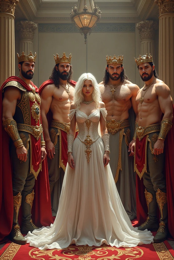 Draw four muscular men wearing clothes of princes of a kingdom and in the middle a white-haired woman wearing princess clothes.