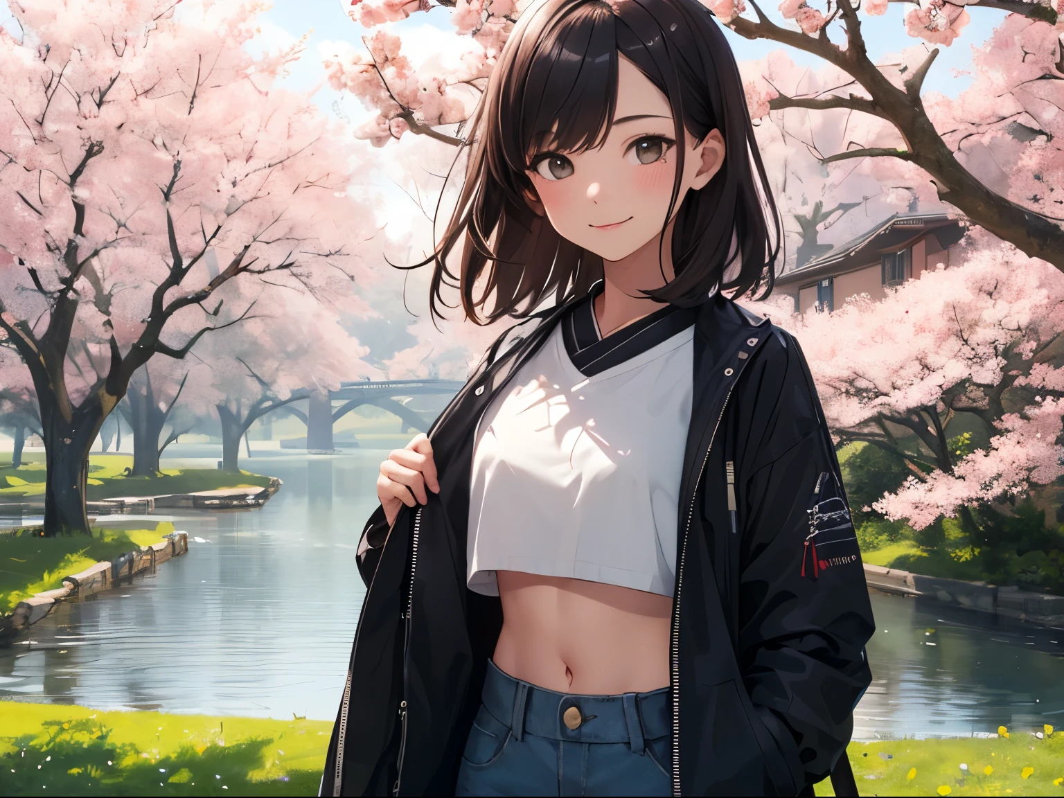 ((best quality)), ((masterpiece)), (detailed), 1girl, off-crop top,jacket, sakura garden,japanese lakes,cute face,gentle smiling,walking at morning