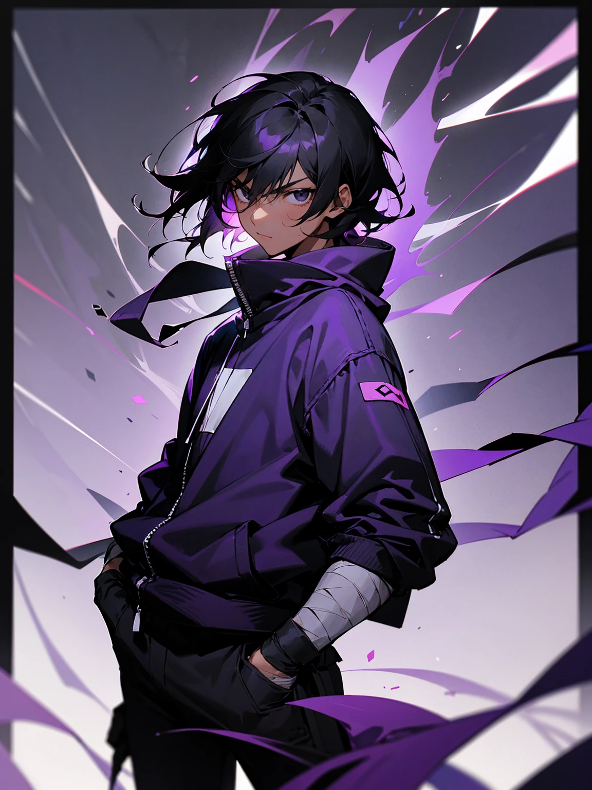 1male, young, black eyes, black hair, medium length hair, tied to the back, darkskin, black bandages on arms, purple gloves, purple yukata, black sweatshirt, serious, hands in pocket