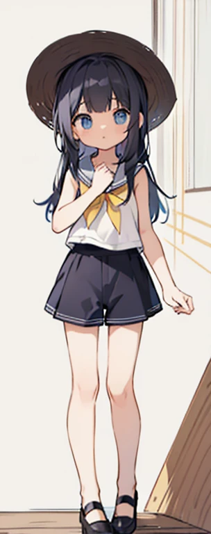 Highest quality、Masterpiece、Black medium hair、(Sleeveless、Sailor collar、White shirt:1.2)、high-waisted shorts、black culottes、(Petite、:1.3)、flat body、Yellow ribbon、Blue Eyes、Straw hat、