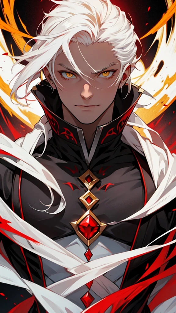 vampyre. golden yellow eyes. Short length white hair. white and red hair. Multijcolor hair. tall height(2M). Muscular and very strong.  New general&#39;s clothes. standing alone, standing. 