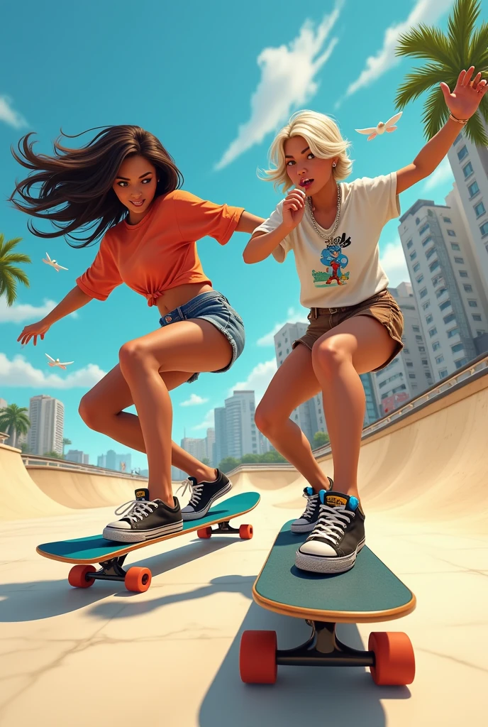 Julia beating Raissa Leal on skateboard while eating bean ice cream 