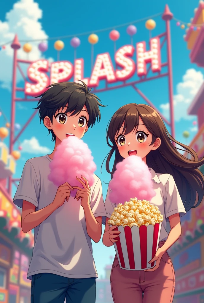 Anime Background in which all adult boys and girls characters holding chocklet bar dairy milk 