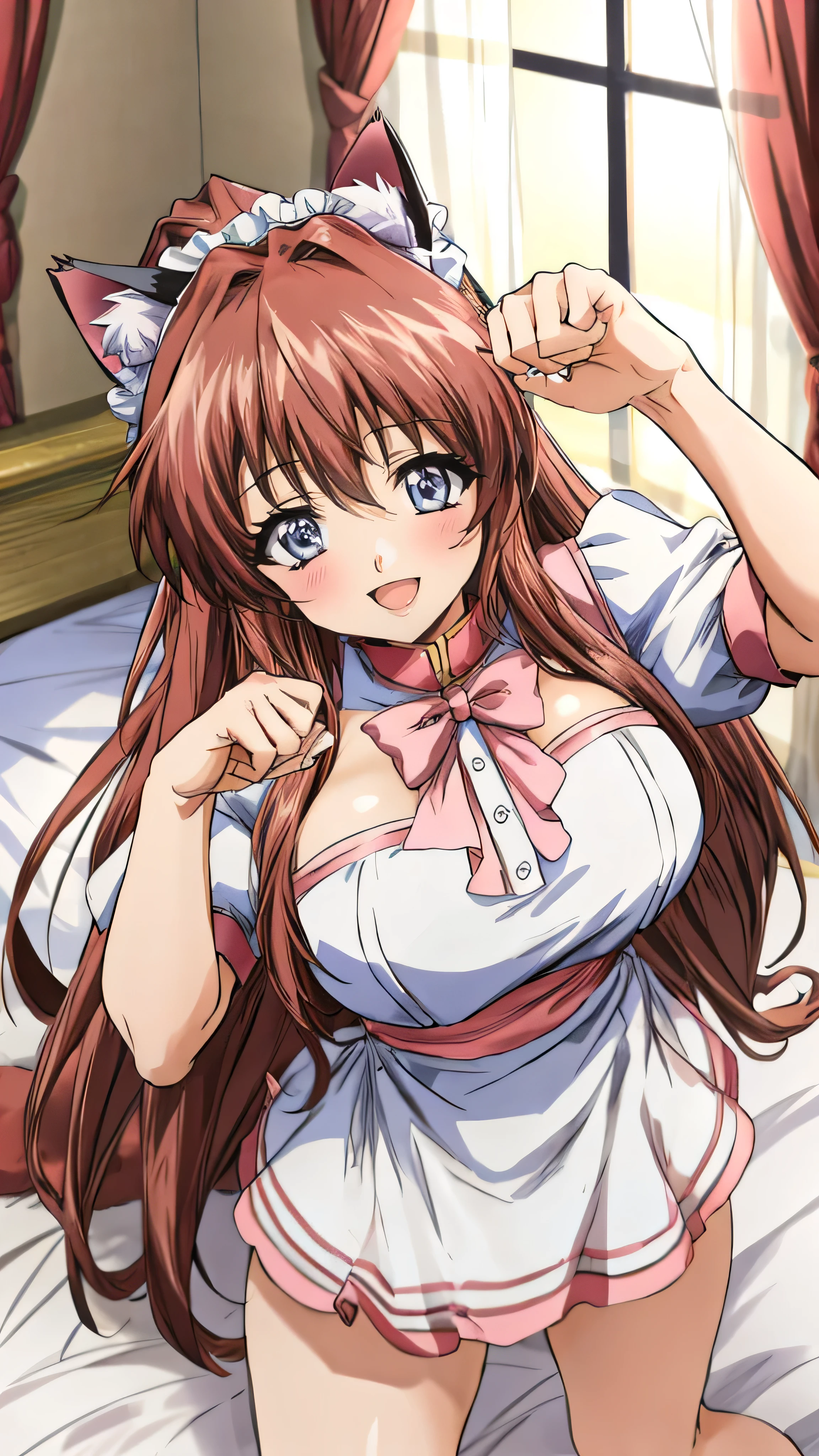 (Anime artwork, Anime Style, Studio Anime, Very detailed, Latest, Vibrant, Anime Coloring Book, High Contrast, masterpiece:1.2, Highest quality, Best aesthetics), (Beautiful and detailed:1.2), Aoikan, 1 person, blush, (maid headdress, cat ears, maid uniform), Cute Smile Open your mouth On the bed, (paw pose:1.3), Pink Good, From above, No pants,Two Arms,