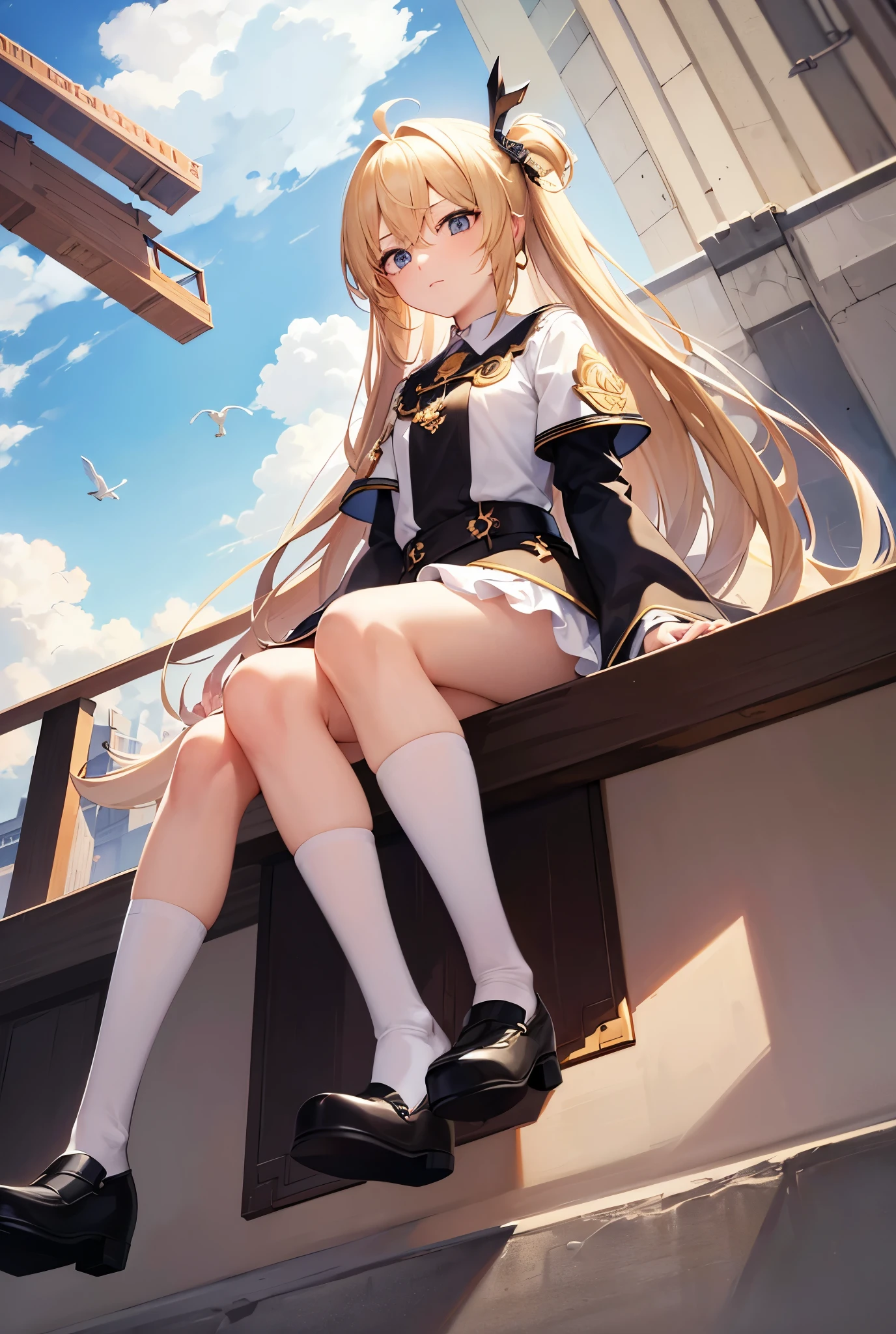 masterpiece, Highest quality, Very detailed, unity 8k wallpaper, (Ride a crane), Sky, 1 person, Blonde, Hair between the eyes, Ahoge, Year: 16, Recall, Pretty face, White knee socks,Yankee sitting