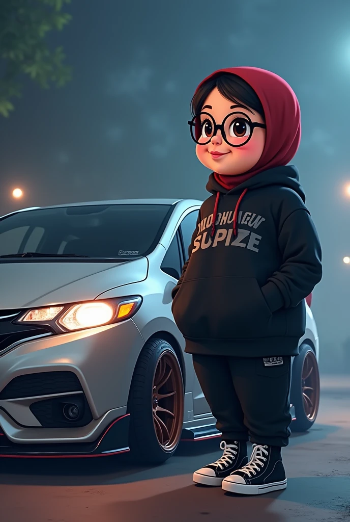 cartoon, large fat chubby girl with glasses wearing dark red hijab, black hoodie with eighteen word in gray, black jogger pants, hi-cut black white vans shoes, side by side with sporty modified silver honda jazz gk5 rs 2018, at night foggy weather