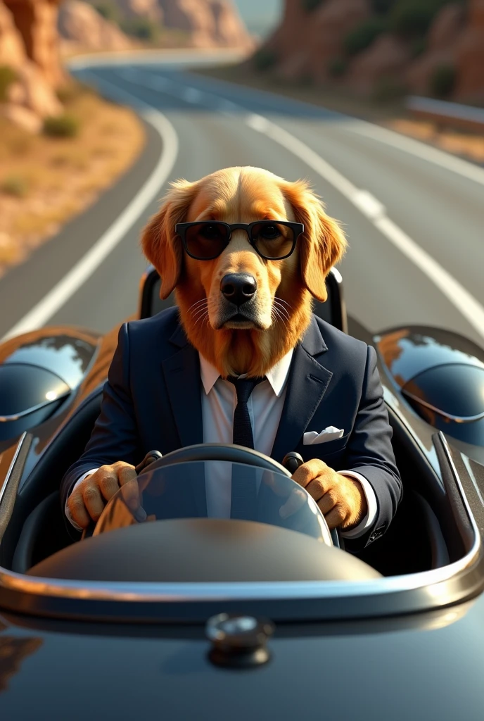 Golden Retriever、Driving a sports car、Realistic fur、Realistic、raw、Photorealistic、Super detailed、high resolution、high quality、High resolution、Drifting、sunglasses、Take the wheel、business suit、curve、