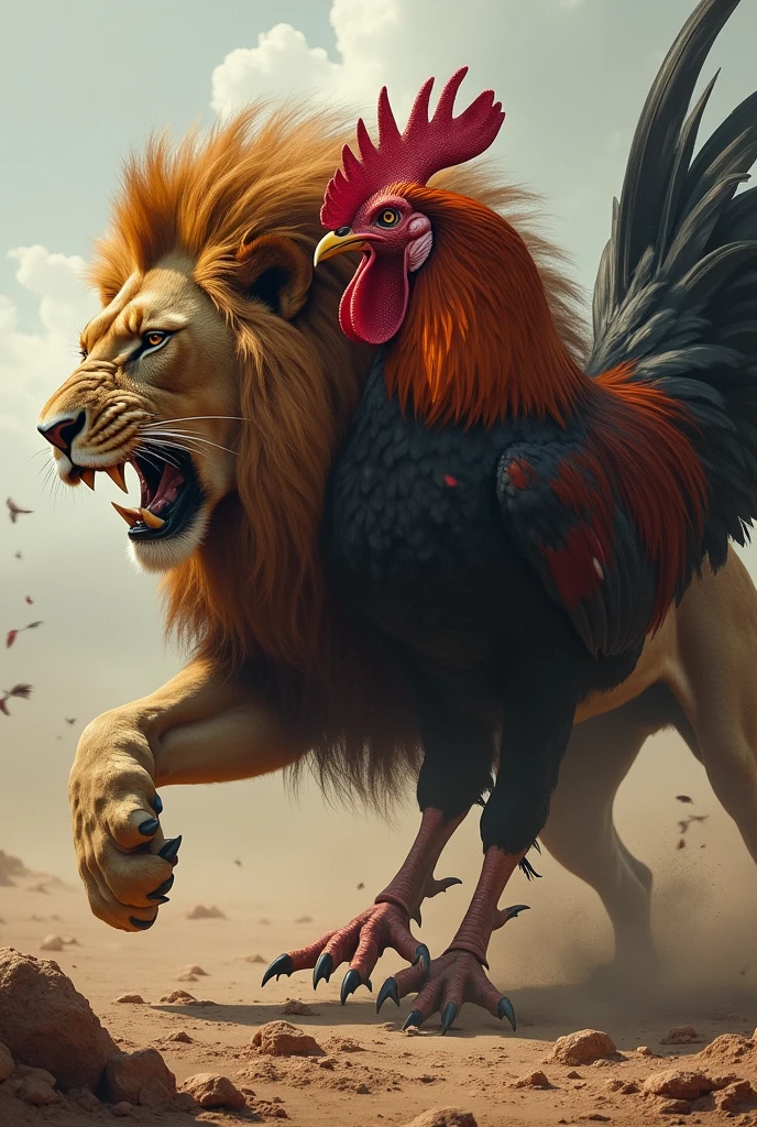 Je veux un lion qui se fait manger par un coq 🐓 
