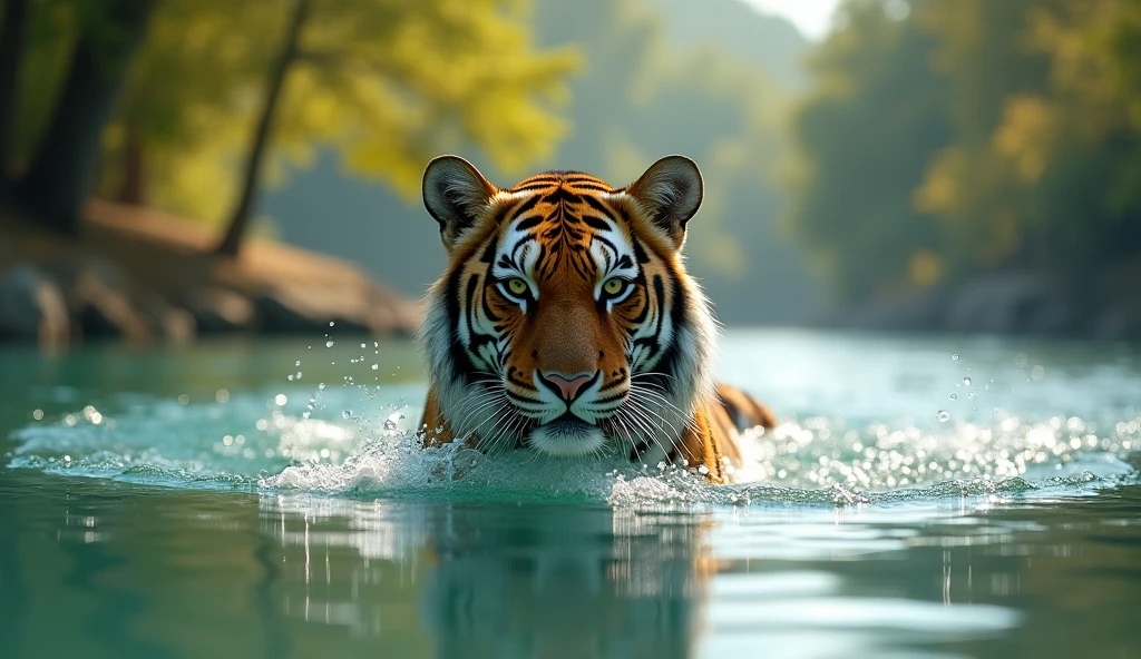 tiger swimming in crystal clear lake, sunny day, trees in background, blurred