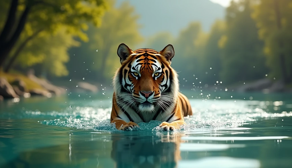 tiger swimming in crystal clear lake, sunny day, trees in background, blurred