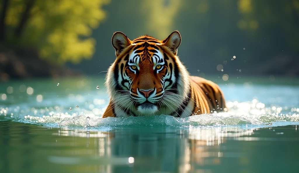 tiger swimming in crystal clear lake, sunny day, trees in background, blurred