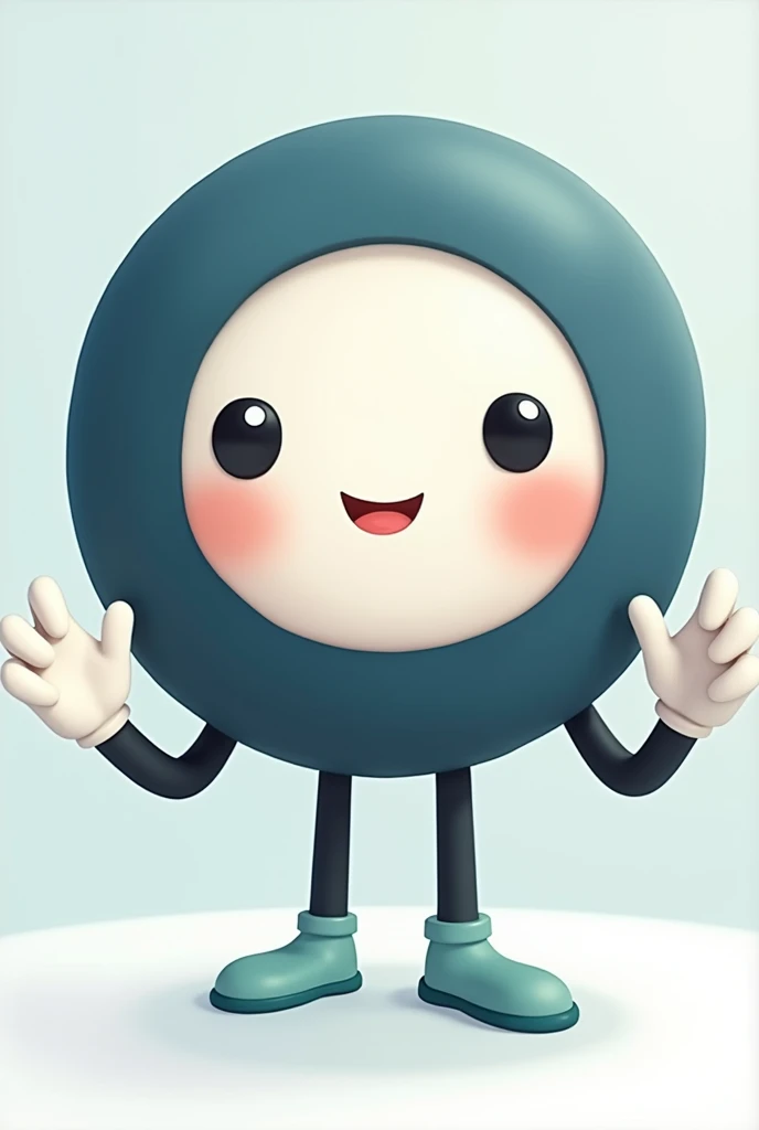 "Create a character, in cartoon style, with the following characteristics: a predominantly dark blue circular body. The character has a white face centered in the circle, with large, round, expressive eyes that convey a desire to help others. The character has a neutral expression. He has thin black arms with white gloves and black legs wearing light turquoise shoes.. The character must be in a help position, with hands outstretched as if to reach out to someone as a sign of help and support. The general climate should be neutral and supportive., as if the character was ready to help in any situation."